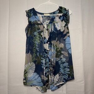 Bobbie Brooks Floral Sleeveless Blouse M Blue Button Front Ruffle Trim